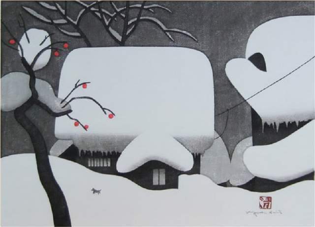 版画!日本近代版画大师斋藤清冬日雪景系列版画作品