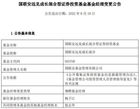 国联安远见成长混合增聘基金经理杨子江