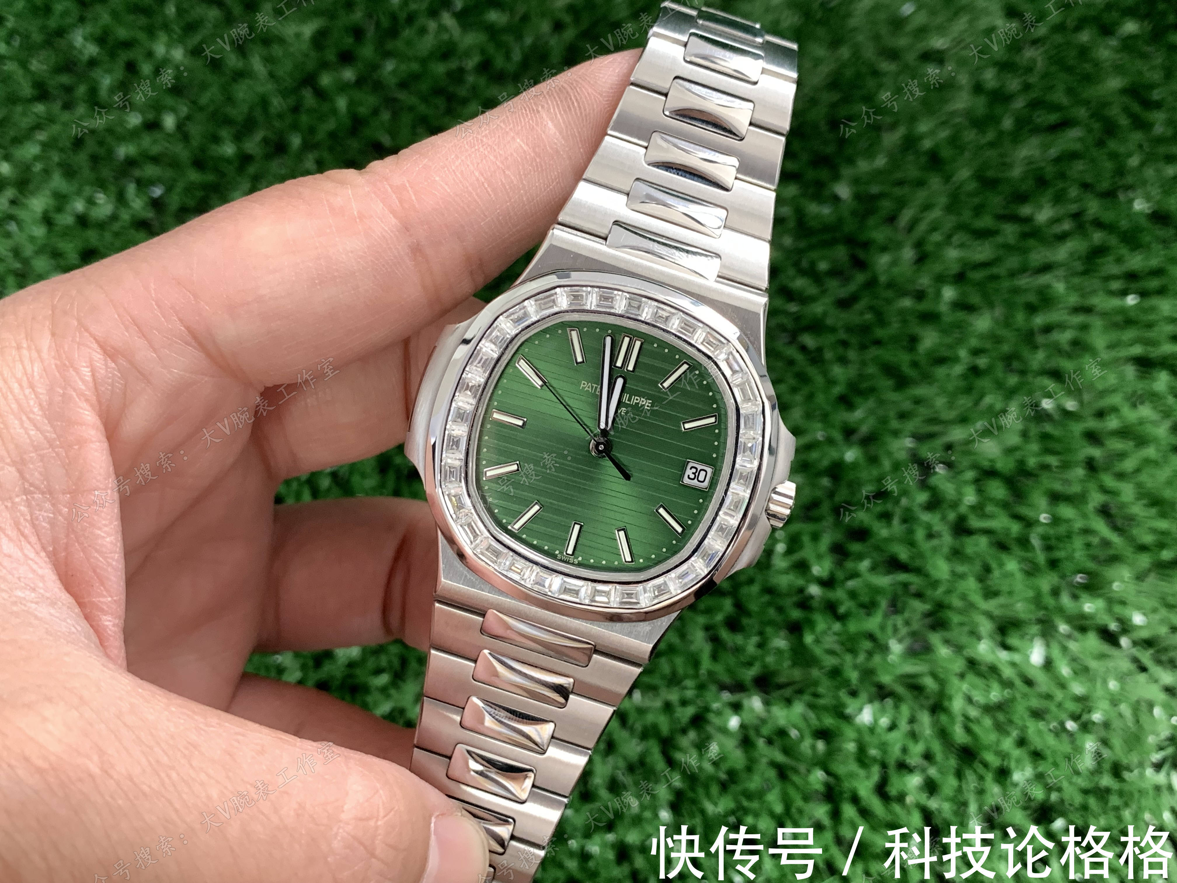 腕表 橄榄绿色盘面鹦鹉螺改装后镶钻圈口,鹦鹉螺5711绿面无损改装后镶钻腕表!