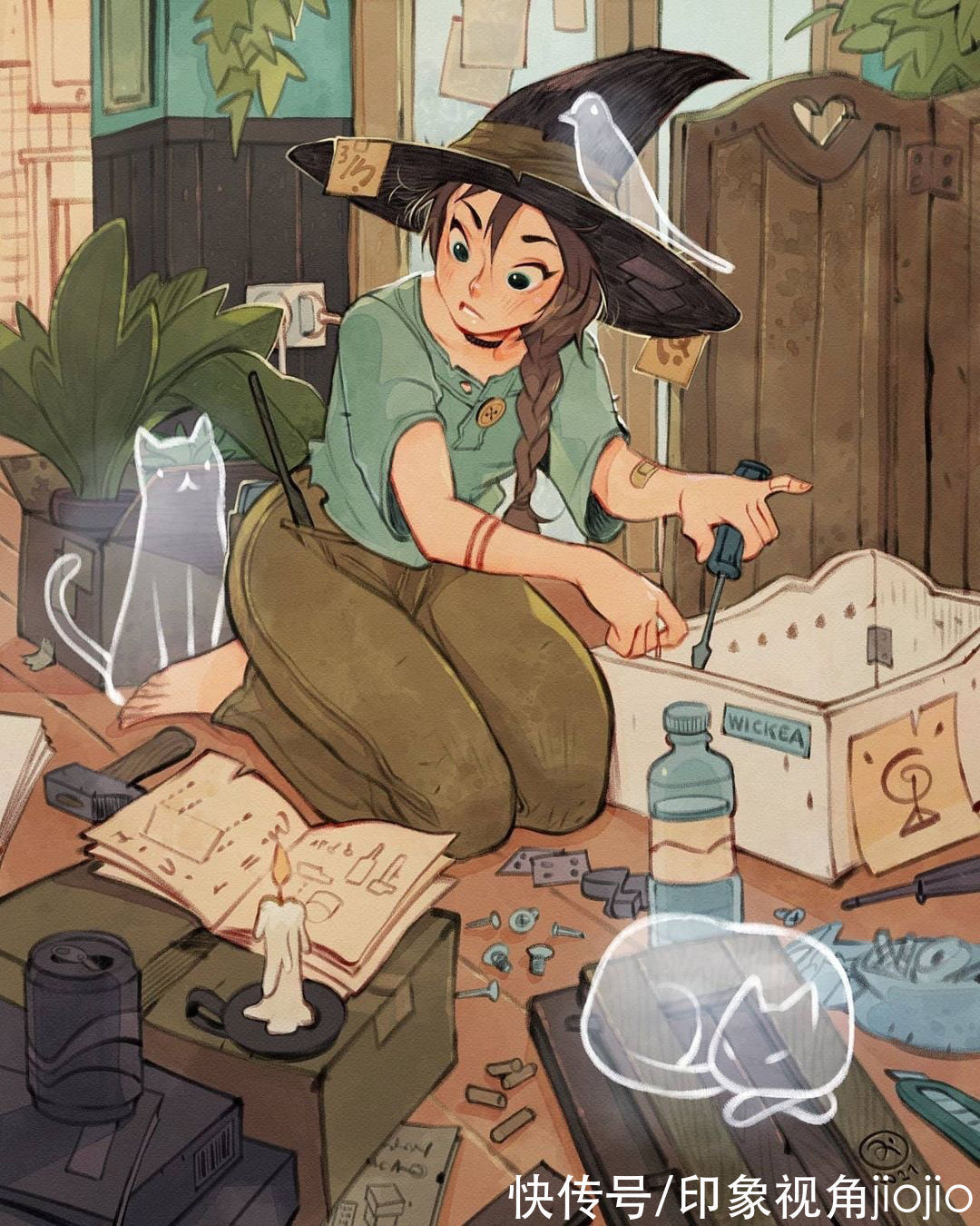 日常插画#复古风的女巫日常插画作品,猫咪灵魂陪伴设定太有爱了