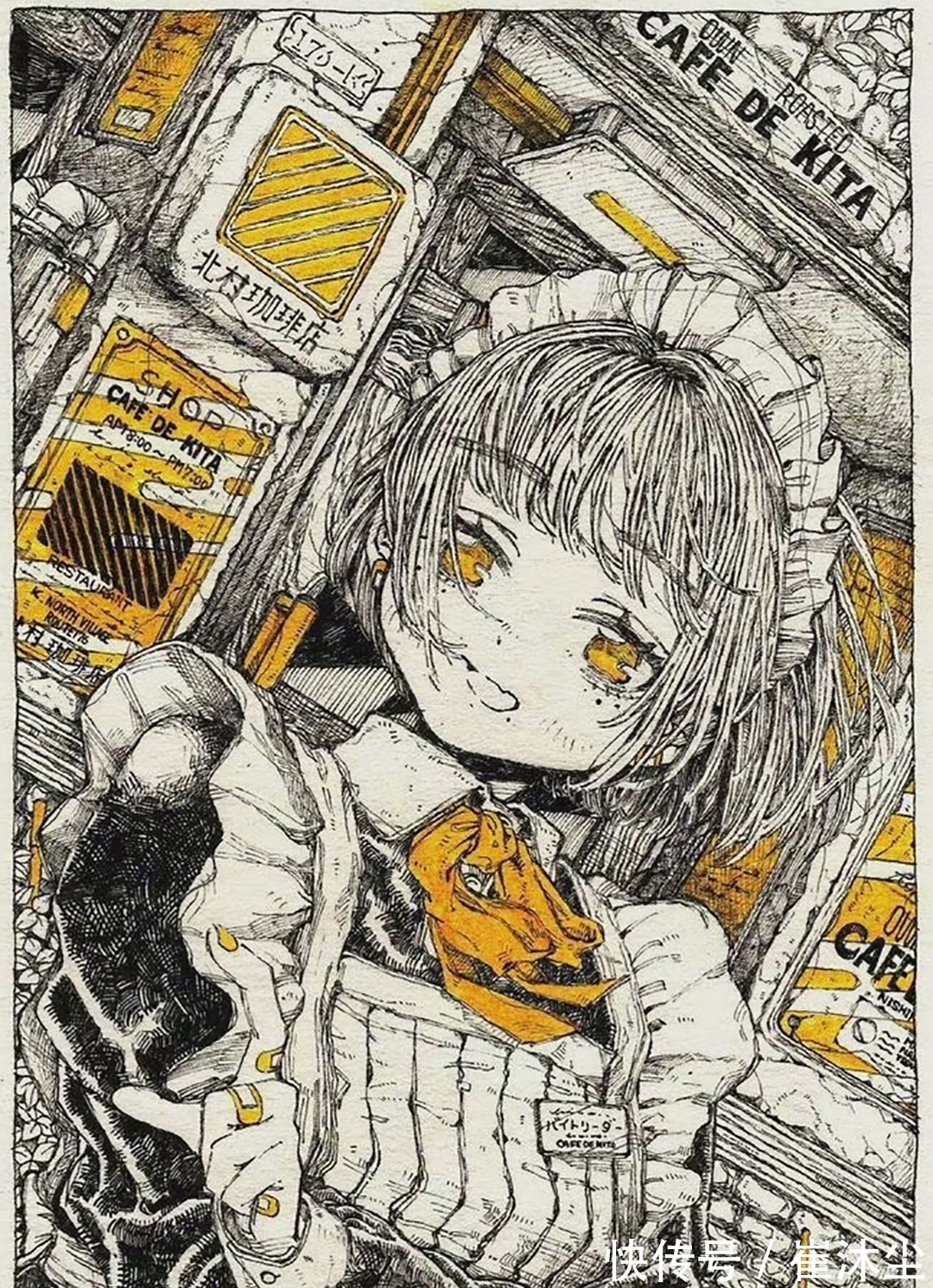 插画@线条感极强的少女插画,加一点黄色点缀非常的好看