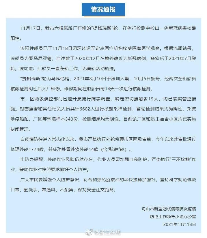 新冠病毒|舟山通报一例新冠病毒核酸阳性病例：系外籍船员，密接者落实管控措施