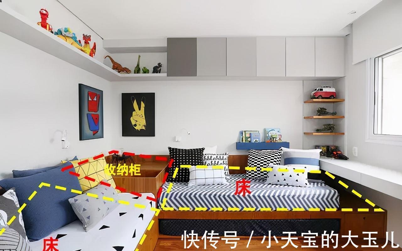 收纳|儿童房不做上下铺,现在流行2张床靠墙放,中间转角收纳柜
