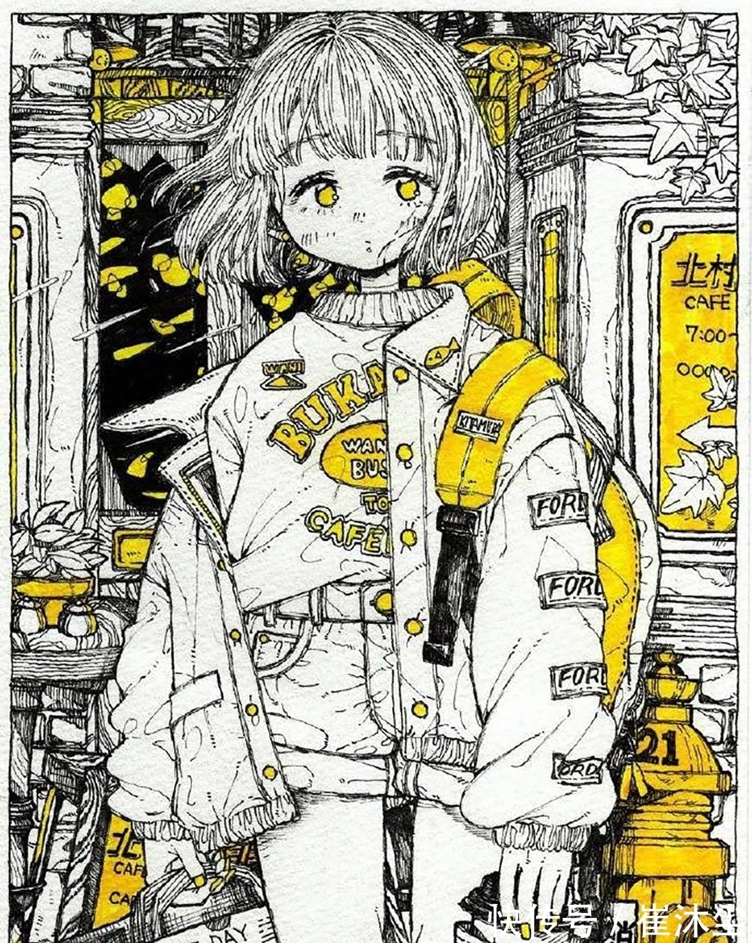 少女插画#线条感极强的少女插画，加一点黄色点缀非常的好看