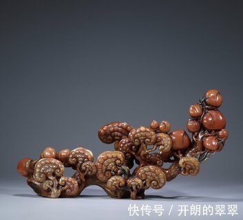 天工奖#清代寿山桃花石雕·寿桃林芝如意摆件