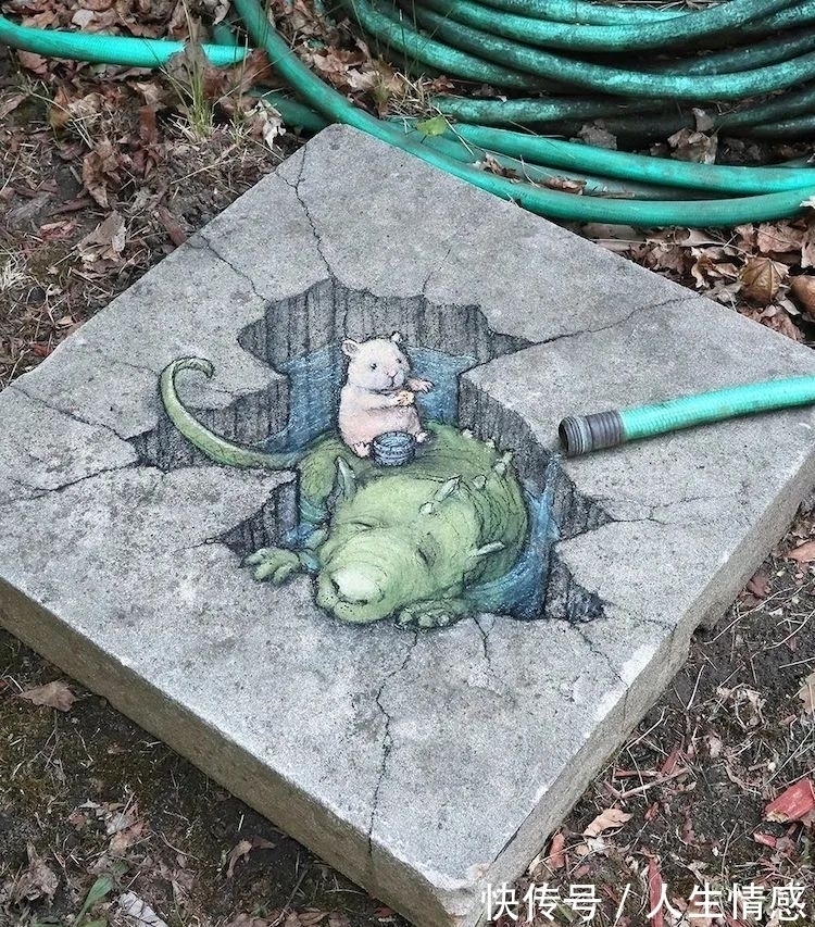 幸福的生活#可可爱爱的3D粉笔画,让无聊的街头变得妙趣横生,把路人都萌翻了