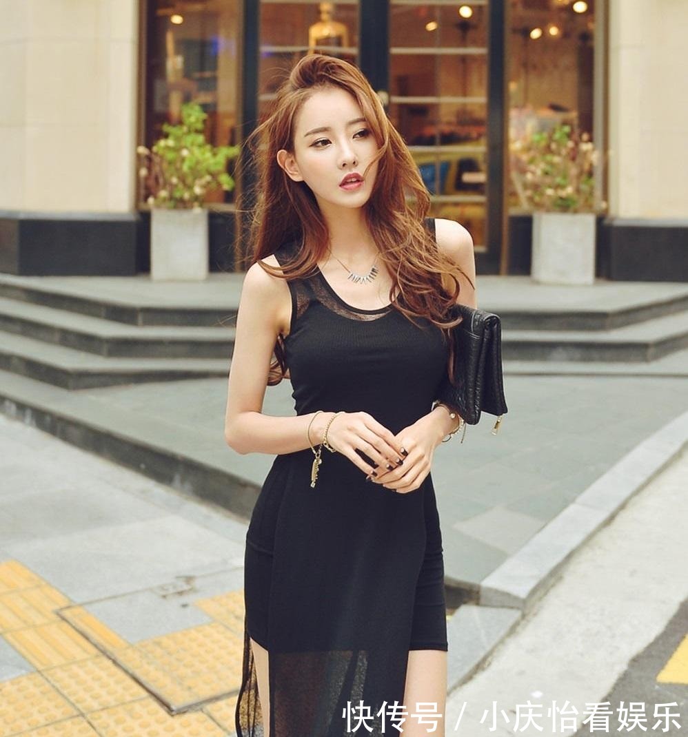 高级感|靓丽美女身穿黑色背心连衣短裙，展示出奢华的高级感