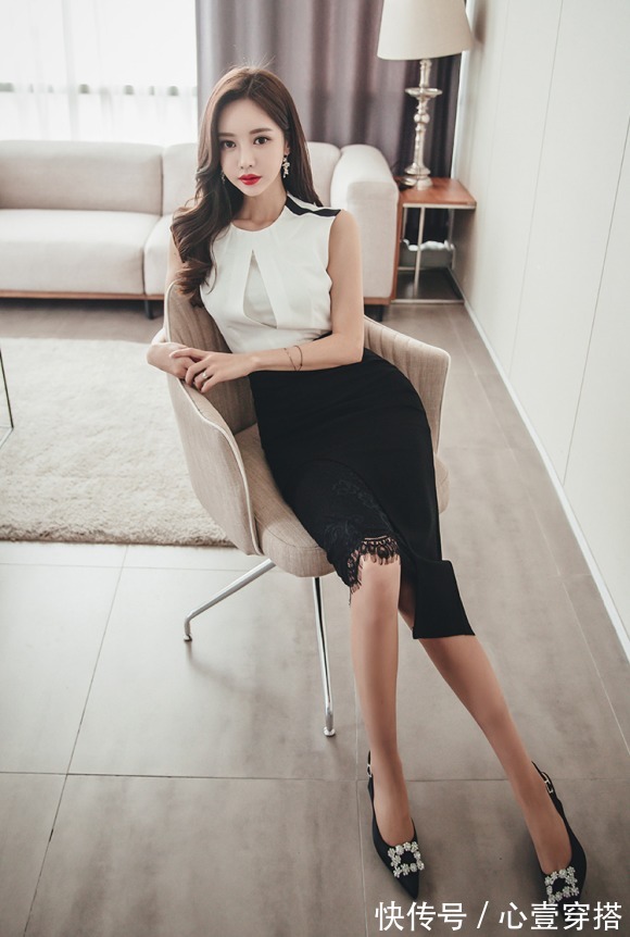 孙允珠|女神孙允珠高清时尚搭配:单调乳白钻黑撞色休闲无袖裙