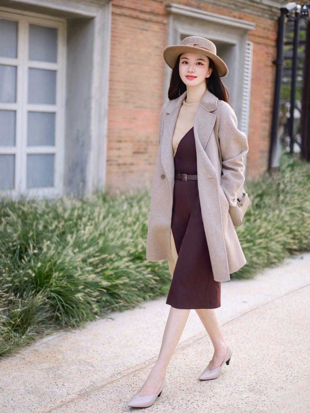 博主 秋冬天快速出门的“偷懒秘籍”,大衣连衣裙叠搭,上身效果yyds