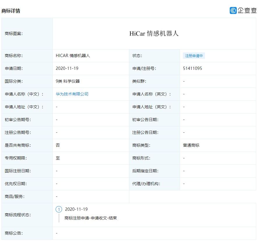 机器人|华为申请“HiCar情感机器人”商标