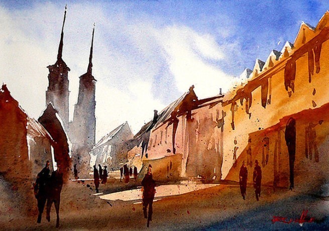 水彩画@波兰水彩画家拉法尔的街市景观画,耐看!