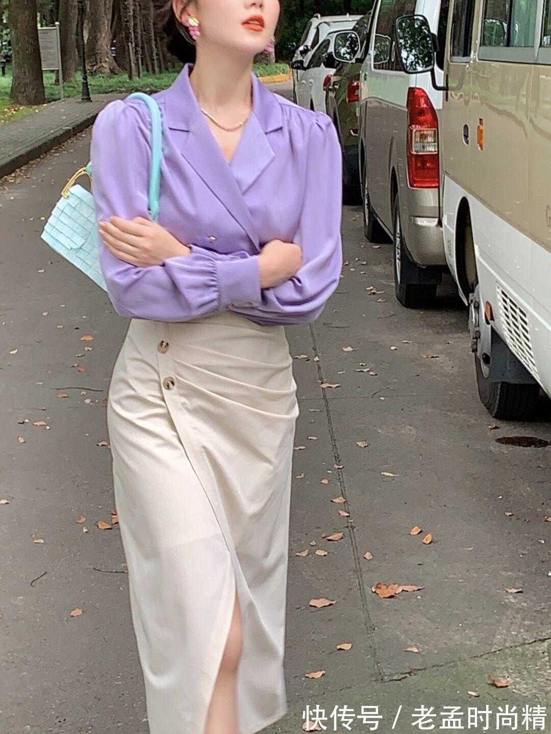 半身裙 衬衫怎样搭复古又显气质?紫色衬衫搭配半身裙,时髦精致还温柔