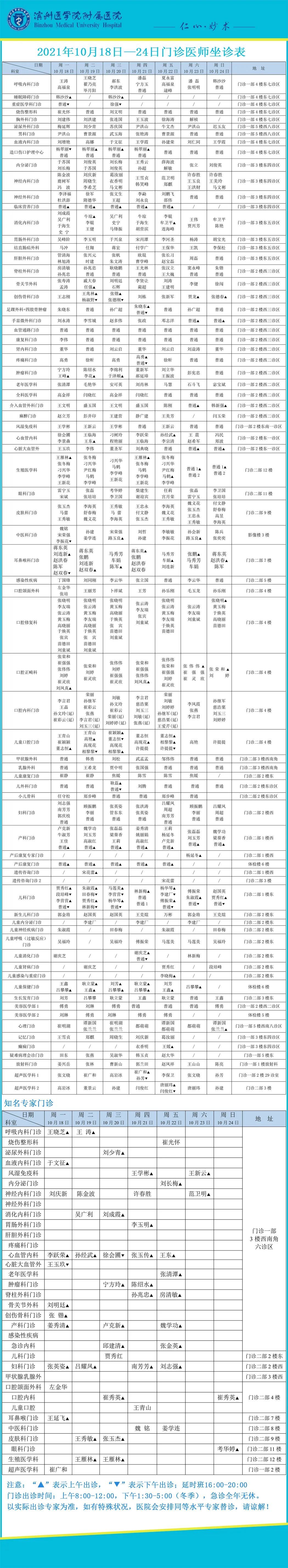 医师|滨医附院2021年10月18日—24日门诊医师坐诊表!