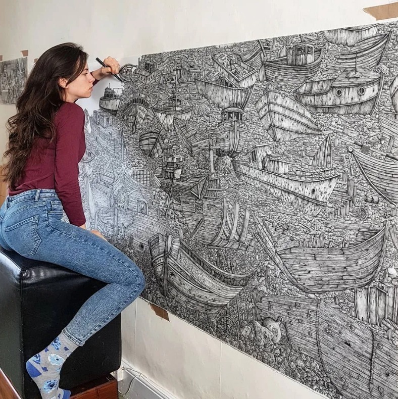 针管笔$全球最抠女画家,用针管笔惊艳世界,这细节和线条让人惊叹不已!