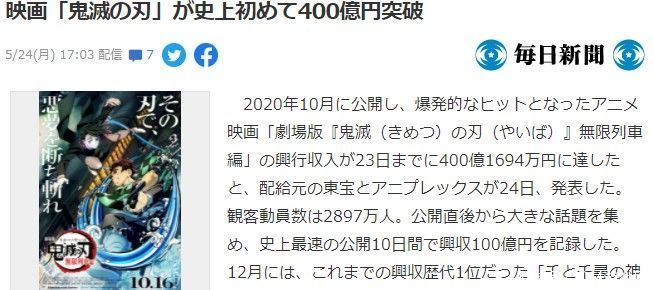 新世纪福音战士新剧场版：终|《鬼灭之刃》动画电影票房日本突破400亿日元 近3千万人观影