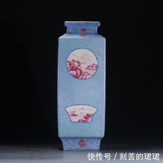 蓝釉&清,蓝釉粉彩开窗四方赏瓶