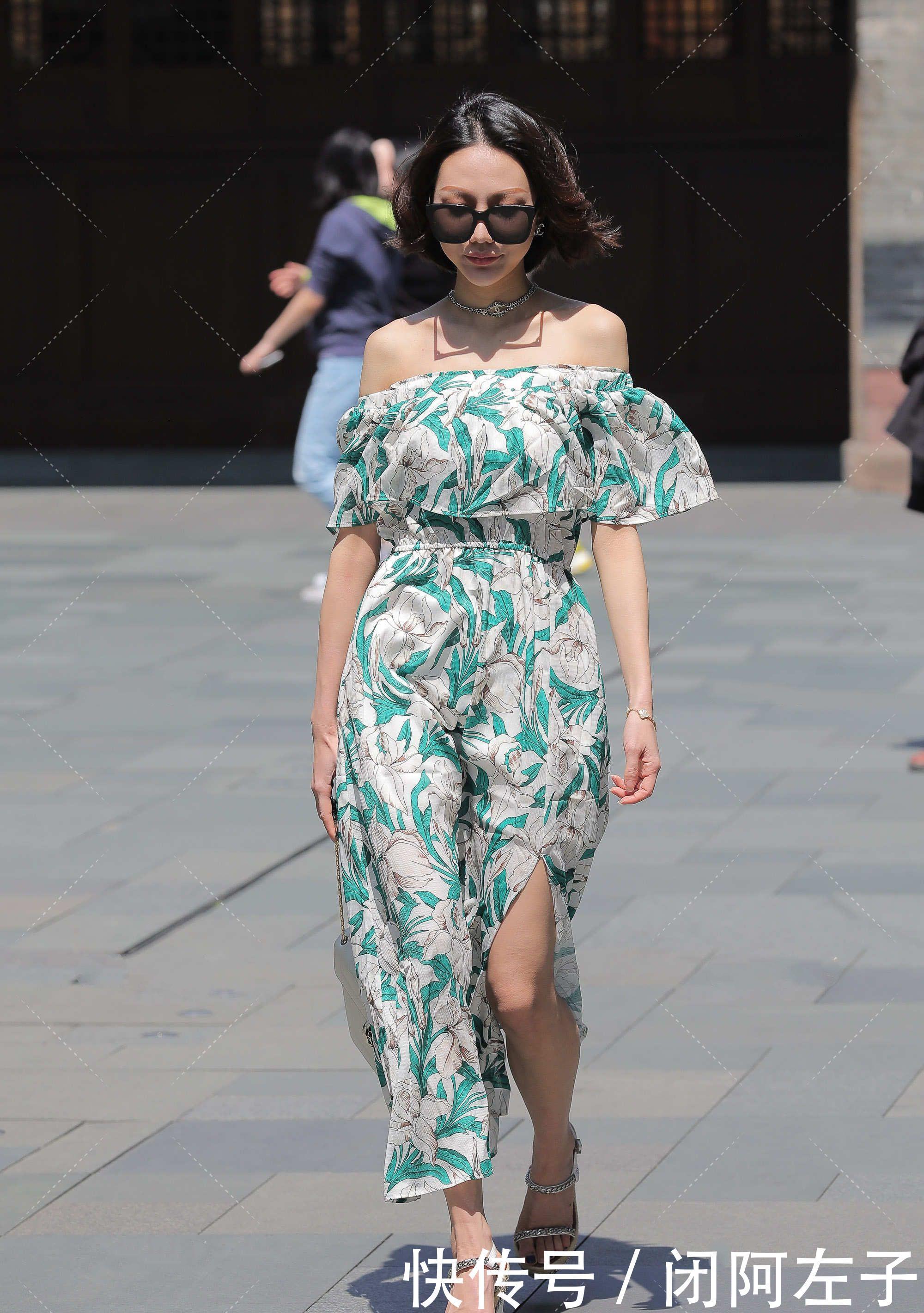 一字肩长款连衣裙，清爽舒适，高级时尚感