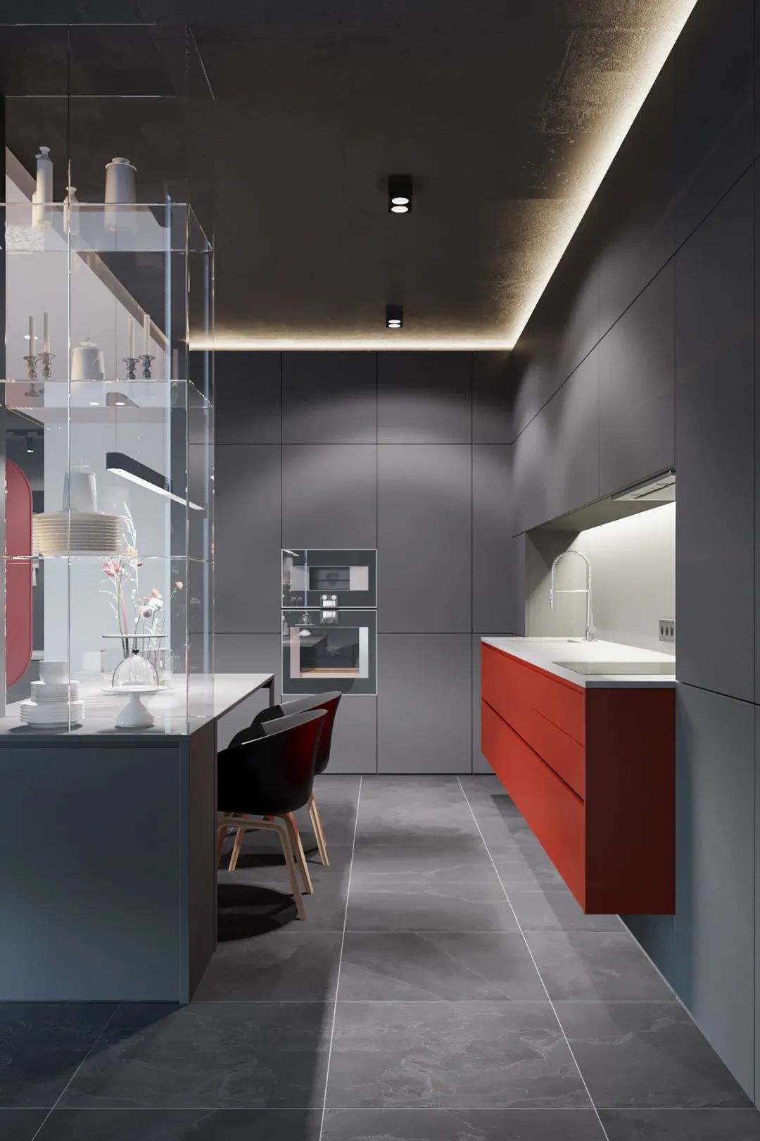 深灰色|88㎡现代极简，高级灰的空间，时尚红的点缀，成熟端庄的设计美