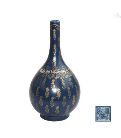 胆瓶|瓷器鉴赏之清代霁蓝釉描金百寿纹胆瓶