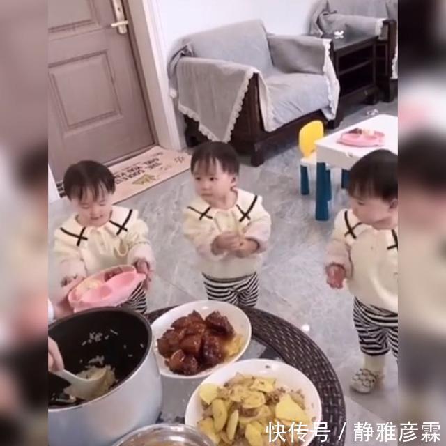多胎|三胞胎宝宝排队“打饭”火了，网友爸爸的有序管理真的是很到位