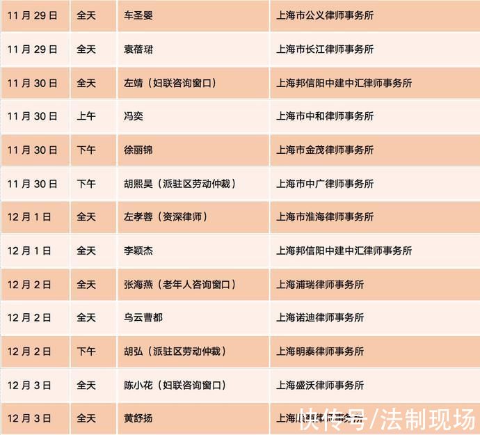 黄浦区法援中心11月29日-12月3日律师接待表|资深律师等你来问| 冯律师