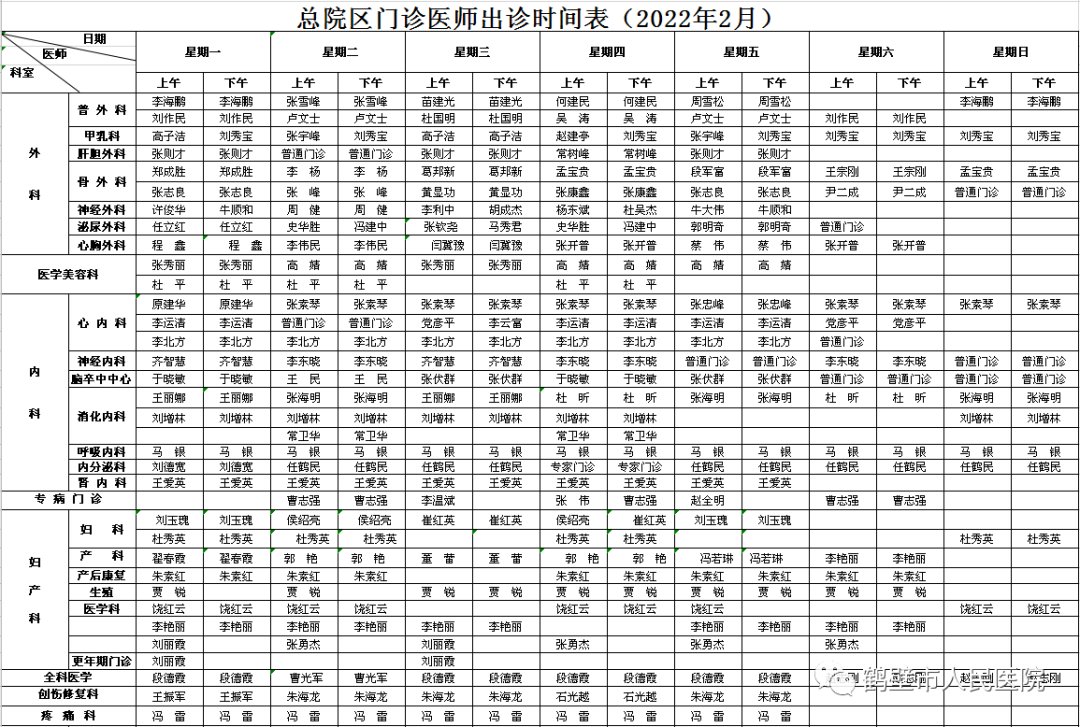 时间表|鹤壁市人民医院2022年2月门诊医师出诊时间表