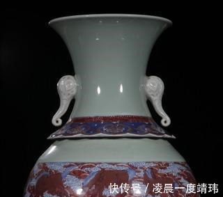 青花@清中期,粉青釉青花釉里红双象耳赏瓶