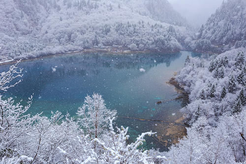 九寨沟迎来春雪 蓝白呼应造就梦幻冰雪世界