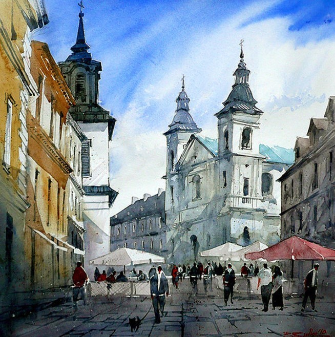 水彩画@波兰水彩画家拉法尔的街市景观画,耐看!