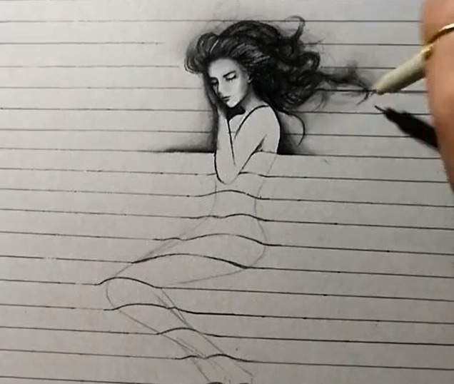 立体感#美术生手绘“3D”女友,画上线条立体感十足,网友:不好意思看了