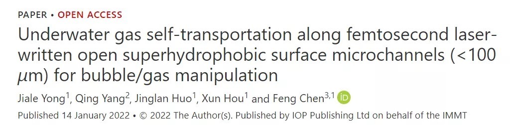 气泡|飞秒激光直写超疏水表面微通道的水下气体自输运及操控应用