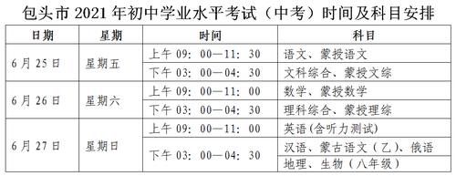 包头市2021年初中学业水平考试（中考）时间科目、特长生、体质测试、艺术考察方案确定