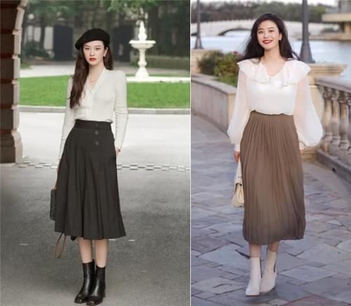 裸跟靴 A字裙过时了，初秋流行百褶裙，配上这款裸跟靴，时髦显瘦又显高