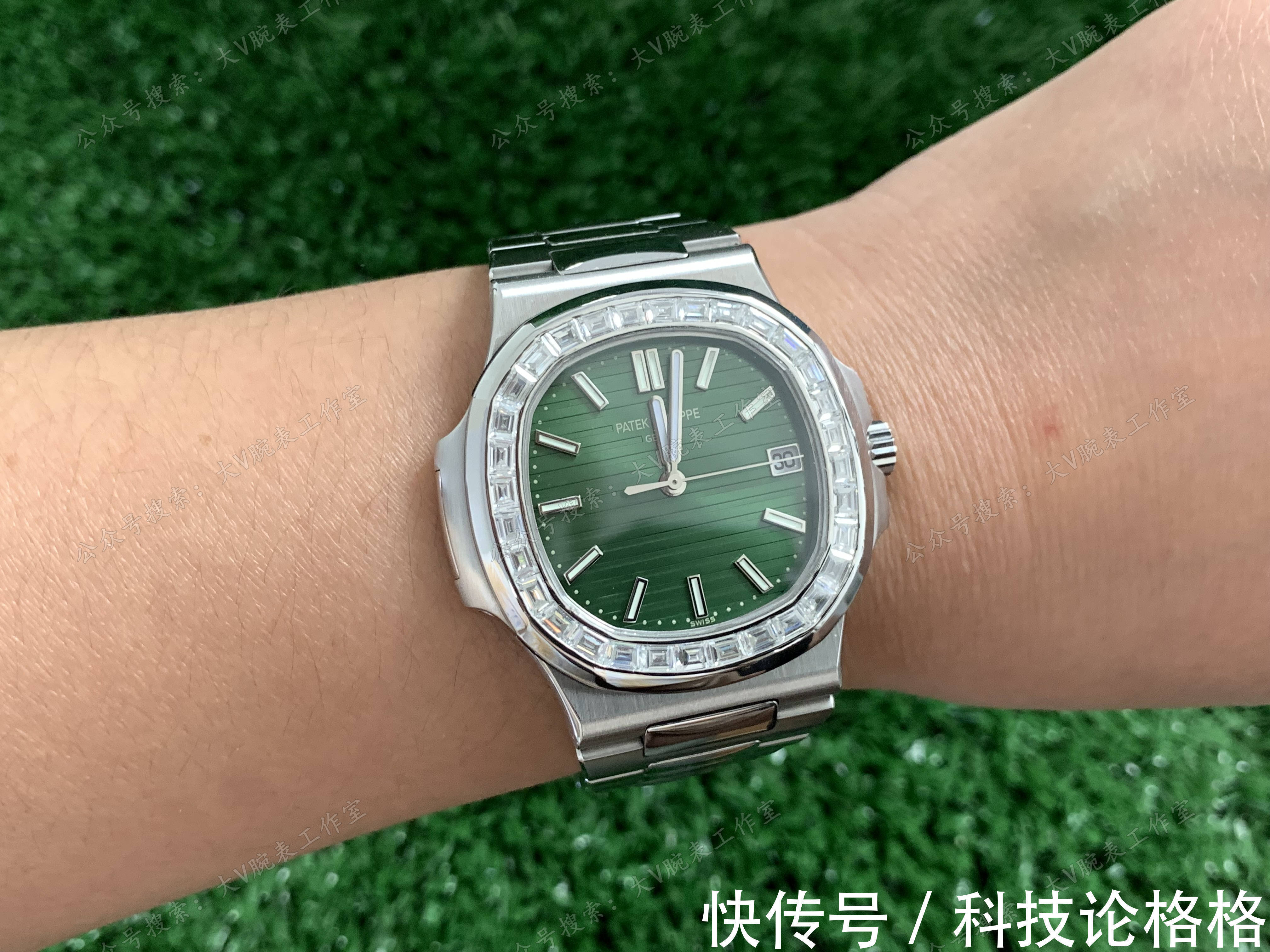 镶钻 橄榄绿色盘面鹦鹉螺改装后镶钻圈口,鹦鹉螺5711绿面无损改装后镶钻腕表!