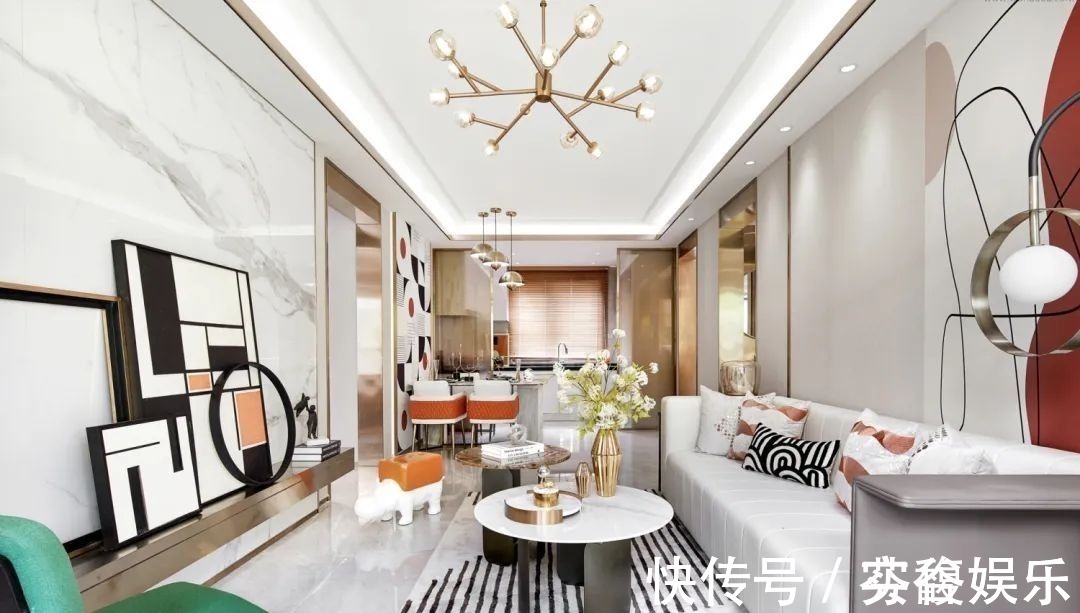 端庄|130㎡现代轻奢,大理石与金属质感,加上橙色的软装,华丽高档