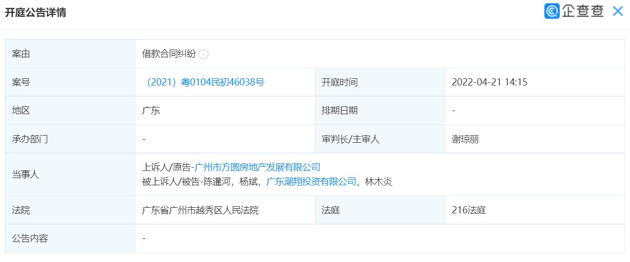 广东|方圆地产状告广东潮翔投资，案由系借款合同纠纷