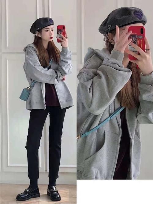灰色给人一种很温暖、和蔼的感觉，这样子的穿搭方法也非常的时尚