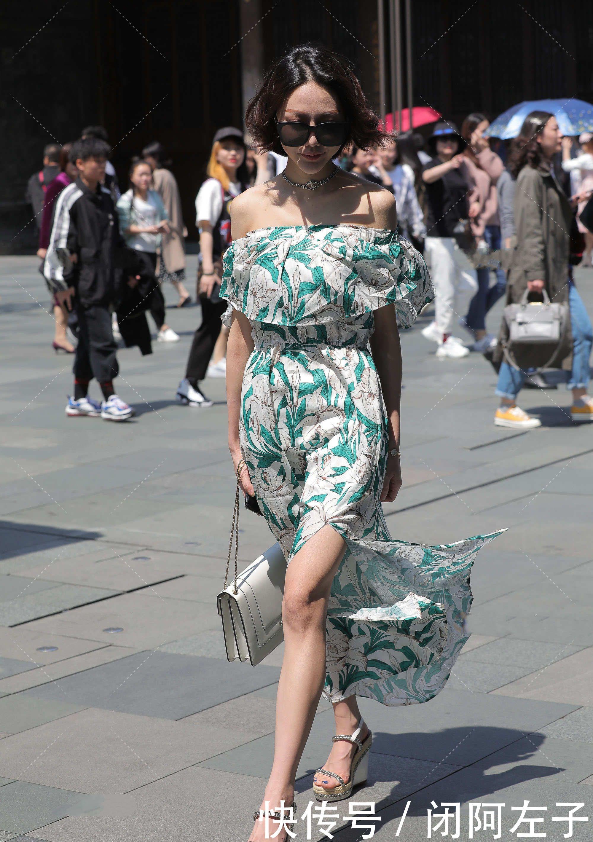 一字肩长款连衣裙，清爽舒适，高级时尚感