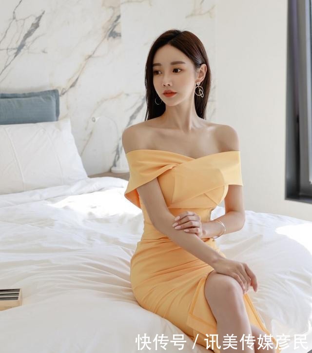 孙允珠时尚穿搭:柠檬浅黄交错搭肩斜纹连衣裙