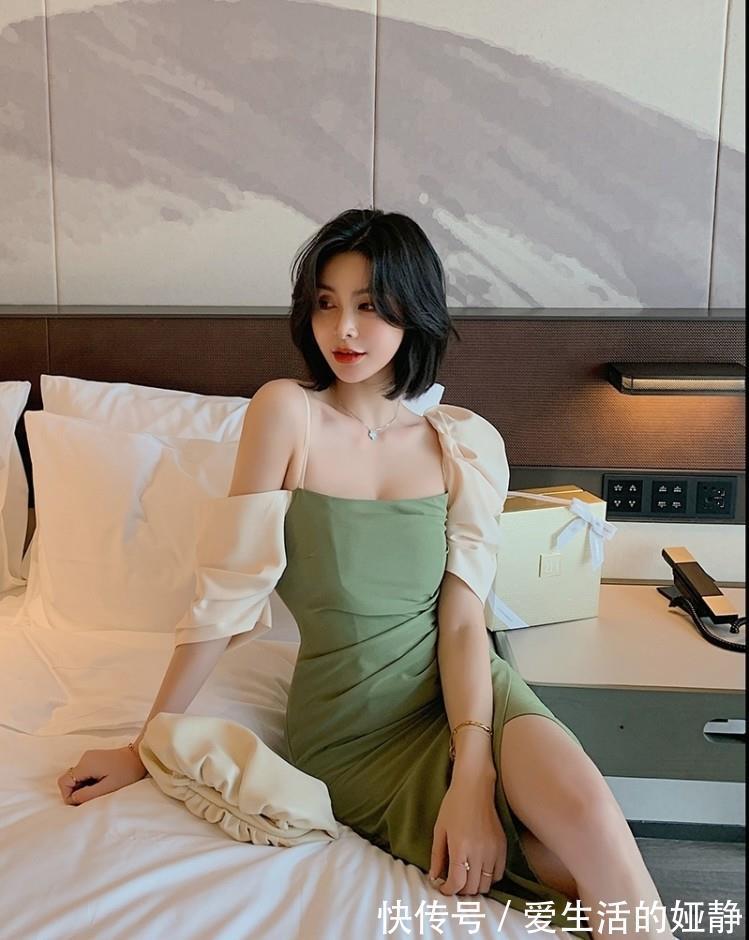 灯笼袖|牛油果撞色灯笼袖吊带连衣裙夏季新款露肩显瘦度假风抹胸包臀中裙