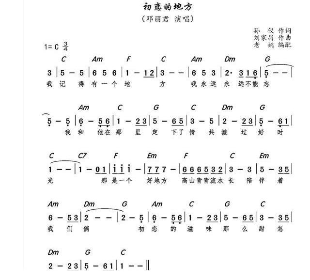 初恋的地方|电子琴谱《初恋的地方-甜蜜蜜-情人的眼泪-再见我的爱人》