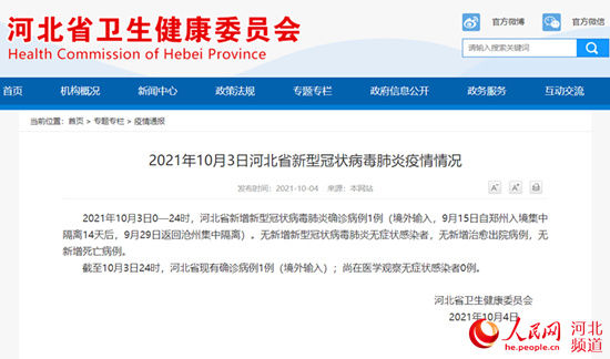 河北省卫健委|10月3日河北新增1例境外输入新冠肺炎确诊病例