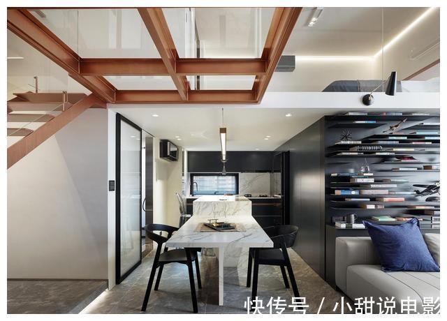 衣帽间|84㎡阳光loft,玫瑰金弧形旋梯、水平线性的灯光酒柜墙,超炫酷!