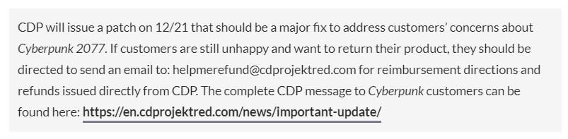 CDPR|Gamestop等实体游戏店也拒绝2077退款 要玩家自己联系CDPR