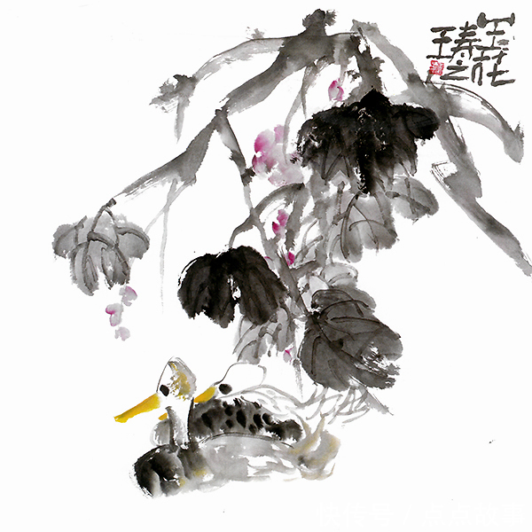 缶庐!玉花寿之王博士国画,黄嘴《野鸭》栖息在粉色海棠下