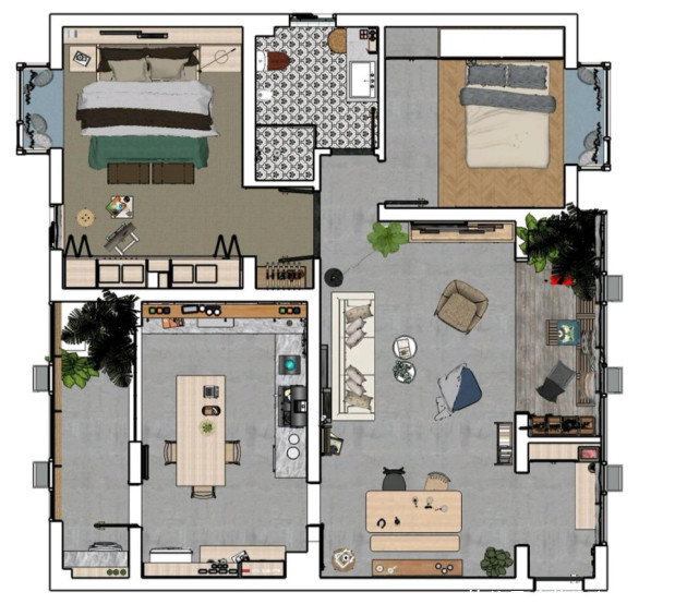二居室|105平混搭二居室次卧和厨房合一，有了超大的厨房空间