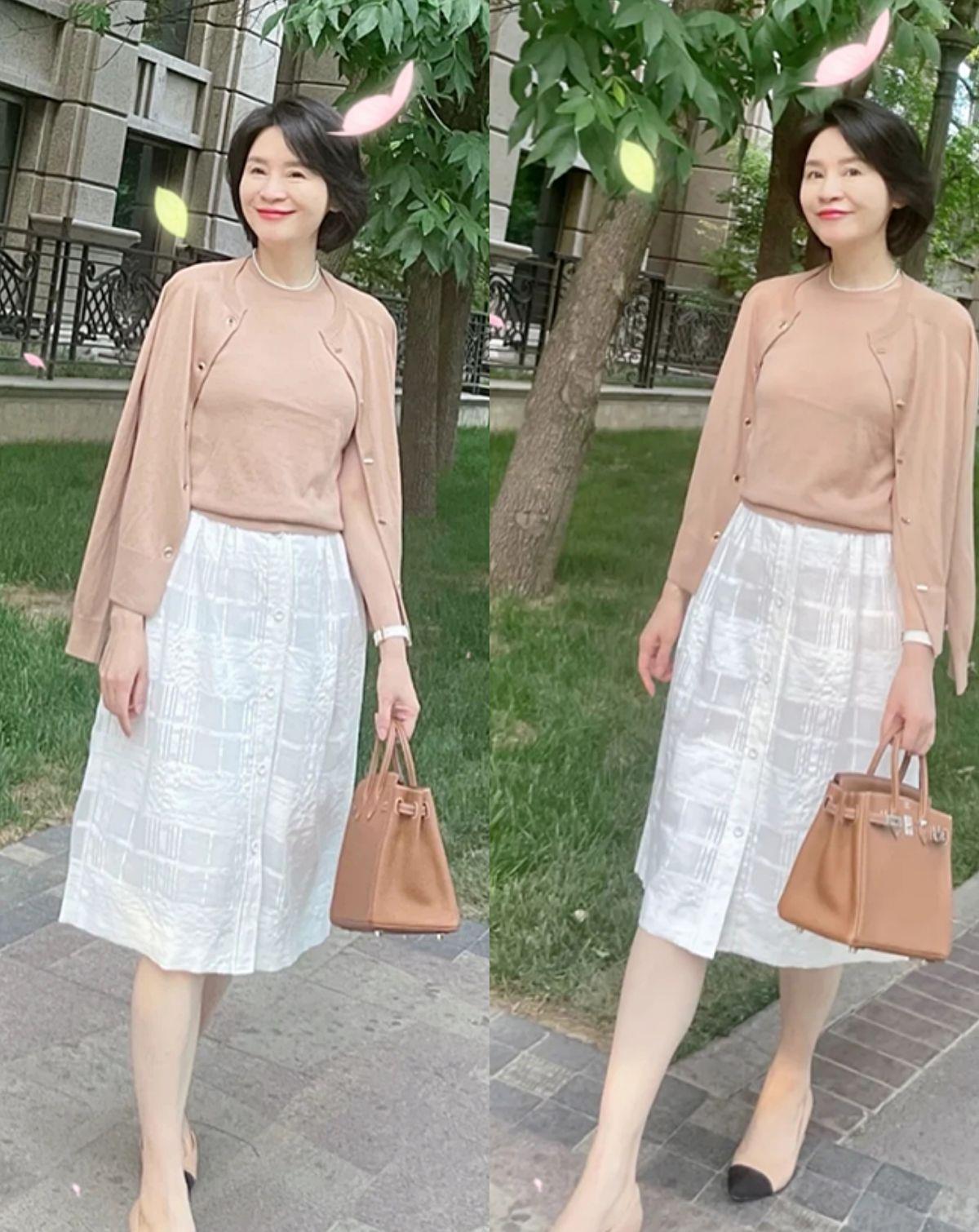 气质|这才是最适合60岁女人的搭配,及膝裙配奶奶鞋,优雅气质到骨子里