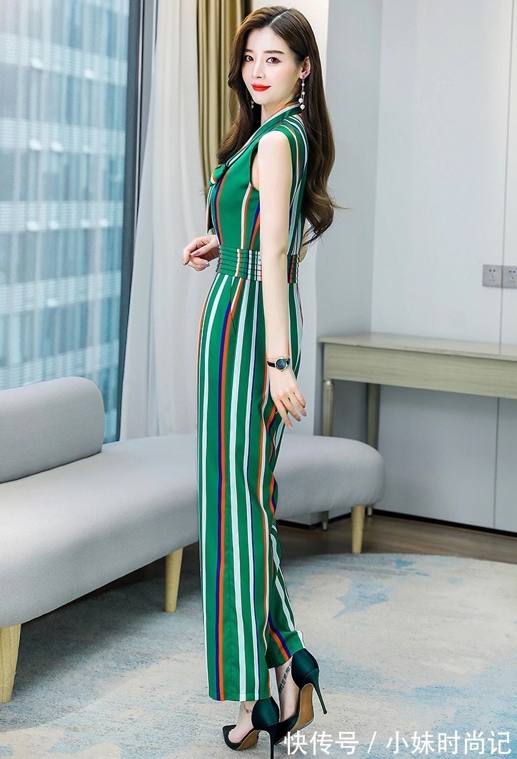 高跟鞋|欧版无袖条纹连体裤,时尚雪纺驾驭女王气质