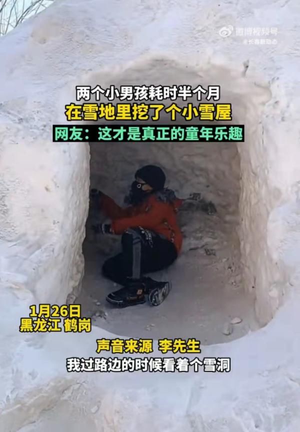 长雪|东北孩子用木棍凿出2米长雪洞！网友表示，小时候都干过……