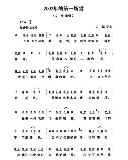 刀郎演唱 02年的第一场雪 简谱 快资讯